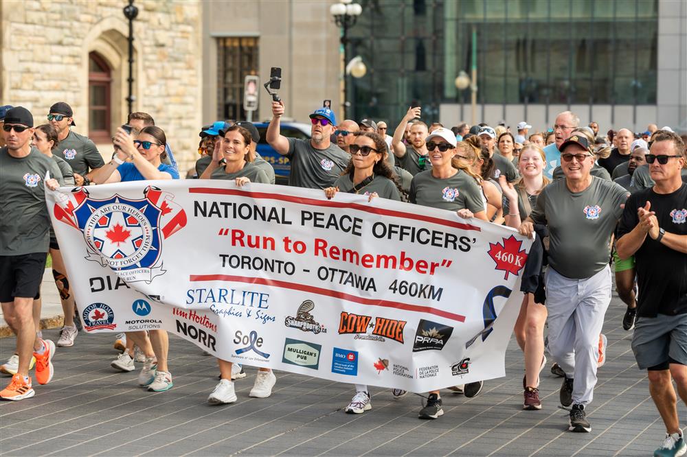 Group running with banner